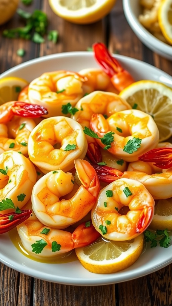 Garlic butter shrimp garnished with herbs and lemon slices on a rustic table.
